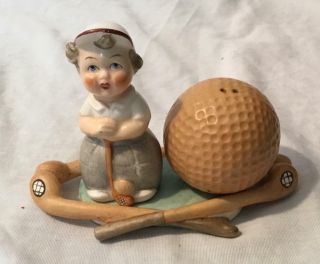 Vintage Goebel Germany Golfer & Ball On Golf Club Tray S&p Shakers Crown