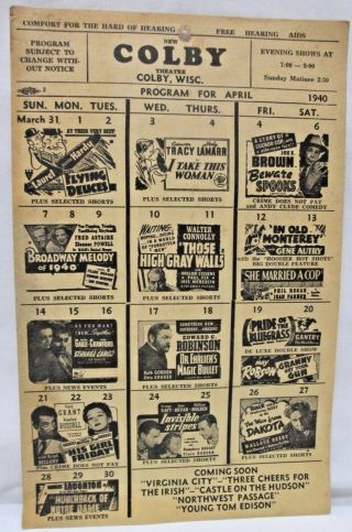 Vintage Colby Theatre Wisconsin Movie Theater Program April 1940 11x7