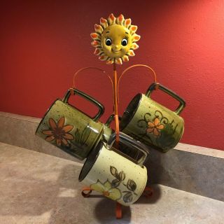 Vintage Sunflower Smiley Face Coffee Mug Tree Rack With 4 Ceramic Mugs Cups