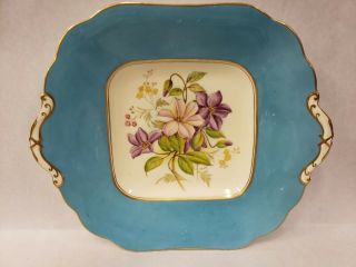 Vintage Aynsley Turquoise Square Handled Cake Plate Clematis 10 1/4 " S Bentley