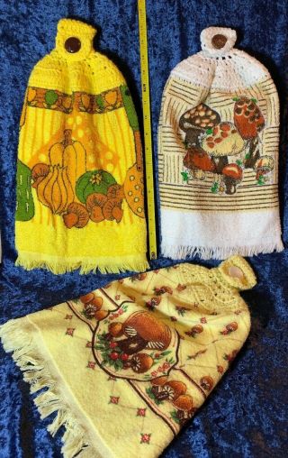 3 Vintage 70s Cannon Terry Cloth Hand Dish Towel Merry Mushroom Crocheted Buttom