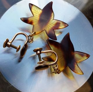 Vntg Art Deco Faux Tortoise shell star 1/20 12k gold filled screw on earrings 5