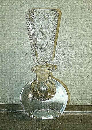 Vintage 7 " Art Deco Unusual Clear Cut Glass Perfume Bottle With Etched Stopper