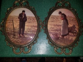Vtg Large Oval Brass Convex Glass Picture Set The Angelus Filigree Frame Praying