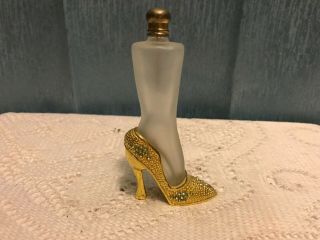 Vintage Frosted Perfume Bottle Glass Leg With Stiletto Shoe With Rhinestones