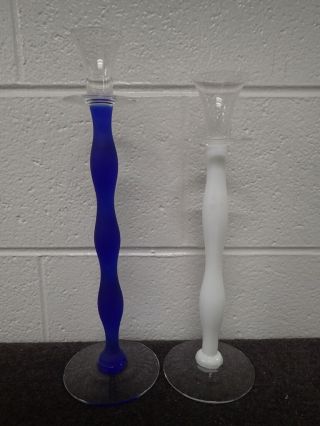 Vintage Pair Cobalt Blue & White Art Glass Candle Stick Holders 13.  5 " & 15 " Tall
