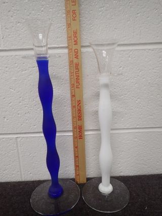Vintage Pair Cobalt Blue & White Art Glass Candle Stick Holders 13.  5 