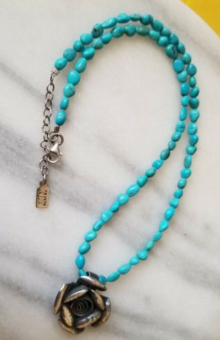 Vintage Peyote Bird Turquoise Beaded Necklace/choker W/sterling Silver Flower