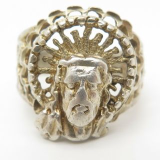 Vtg 925 Sterling Silver Religious Jesus Head Large Ring Size 11.  5 2