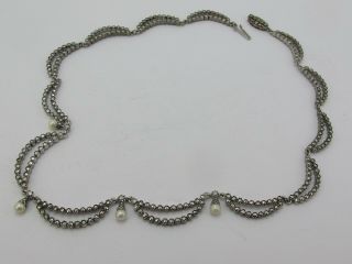 Vintage Sterling Silver 925 Pearl & Marcasite Fringe Necklace