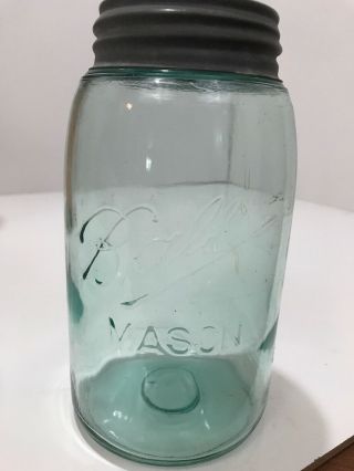 Vintage 1900 1910 Ball 3 L Loop Mason Blue Green Quart Fruit Jar & Zinc Cap