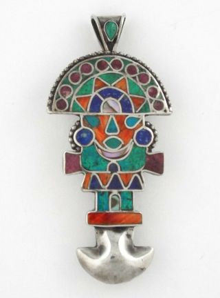 Peru - Sterling Silver 950 Vintage Inca Tumi Knife Mosaic Brooch / Pendant