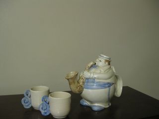 Vintage Fitz And Floyd Saxophone Player Musician Teapot & 2 Matching Cups Mugs