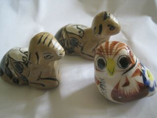 Vtg Tonala? Pottery Folk Art/hand Painted Made Mexico Set Of 3 Owl/lambs Figurin
