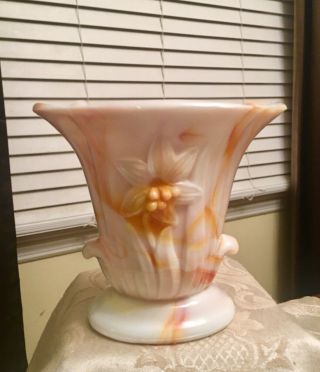 Vntg - Arko Orange Swirl Slag Glass - Footed Vase - Urn - Private Estate Find - U.  S.  A.