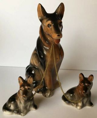 Vintage Japan German Shepherd Mama Dog & Her Two Puppies Figurine Set