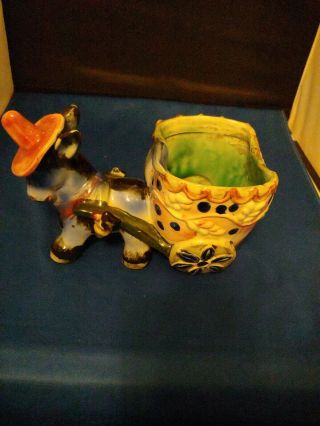 Vintage.  Ceramic.  Colorful Donkey,  Pulling A Cart.  Planter.  Italy