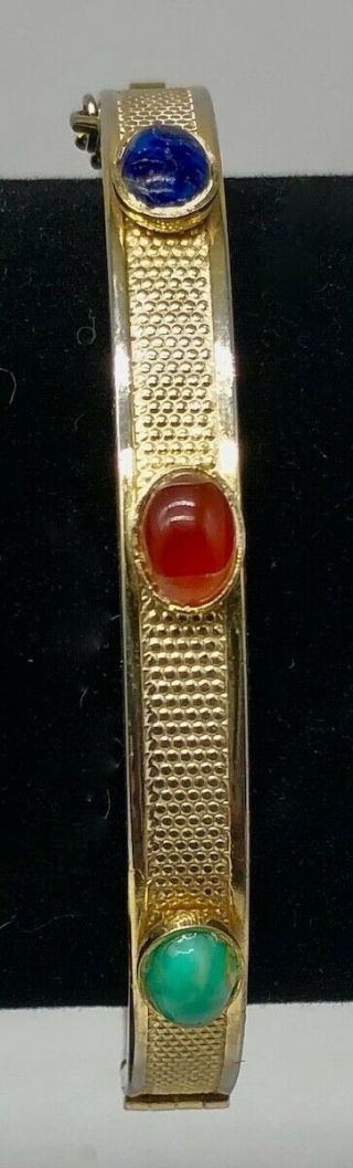 Vintage Marino Multi Colored Cabochons On Gold Tone Hinged Bracelet