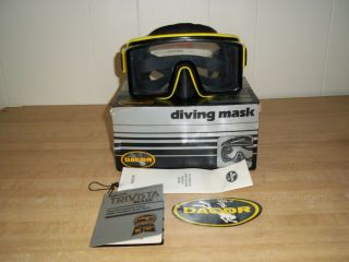 Vtg.  Dacor Trivista Diving Mask.  Black & Yellow W/box,  Book,  Sticker,  & Tag