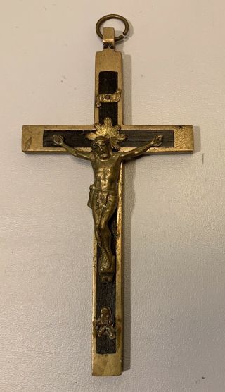 Vintage Cross Crucifix Brass & Dark Wood Skull and Crossbones Marked Germany 2