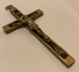 Vintage Cross Crucifix Brass & Dark Wood Skull and Crossbones Marked Germany 3