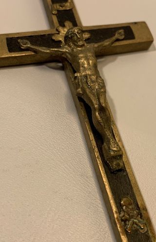 Vintage Cross Crucifix Brass & Dark Wood Skull and Crossbones Marked Germany 6