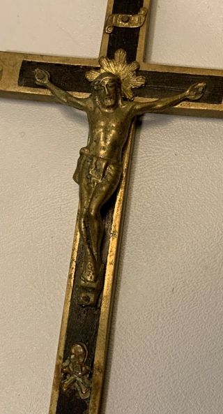 Vintage Cross Crucifix Brass & Dark Wood Skull and Crossbones Marked Germany 7