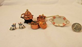 Dollhouse Miniature Vintage Copper Pots And Porcelain
