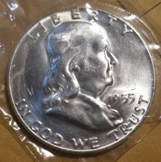 1955 - P Franklin Silver Half Dollar,  White Gem Bu,  From Vintage 1960s Bid Board