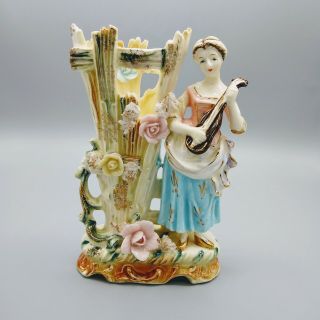 Vintage Pastoral Figurine Cornucopia Vase Porcelain Hand Painted Gold Gilt Japan