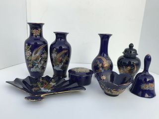 Vintage Japanese Cobalt Blue Vases,  Fan,  Ginger Jar W/gold Trim Hand Painted