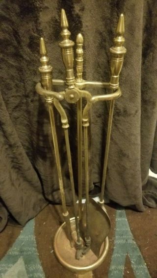 Antique Vintage Solid Brass Fireplace Tools With Rare Round Base 3 Pc W/ Stand