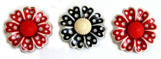 3 Vintage Polka - Dot Flower Curtain Tie - Backs Push Pins Enameled Metal (h)