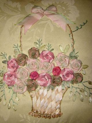 Vintage Basket Of Pink Ribbon Roses Embroidered Brocade Tassel Cottage Pillow