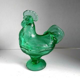 Vintage Green Glass Rooster Covered Candy Dish