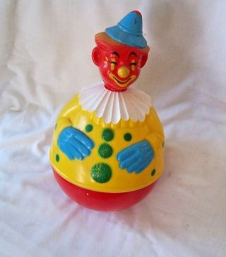 Vintage Roly Poly Clown Toy Ball 11 " Tall Red Head,  Blue Hands Hat Buttons
