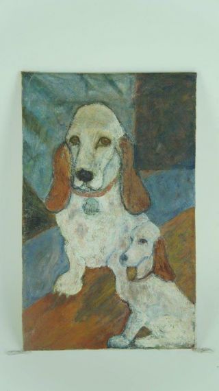 Vintage Impressionist Acrylic Pair Bassett Hounds,  Dogs.  G Don Smith.  C1970