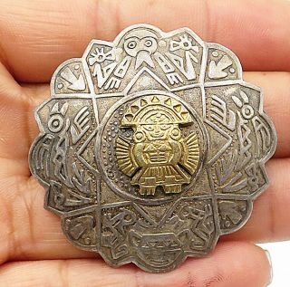 925 Silver & 18k Gold - Vintage Two Tone Traditional Pattern Brooch Pin - Bp2858