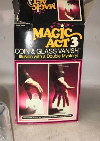 Vintage 1975 Magic Act 3 Coin and Glass Vanish Trick 6293 2