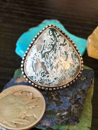 Vintage Native American Green Moss Agate Sterling Silver Ring Size 9g 6 1/2