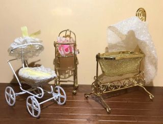 Vintage Dollhouse Miniature Furniture Metal Baby High Chair Bassinet Stroller