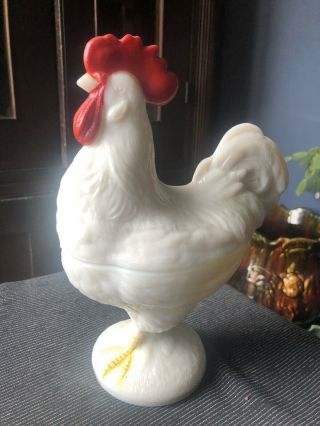 Vintage Westmoreland Milk Glass Rooster Candy Dish Hen On Nest Marked Exc Paint