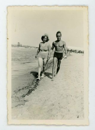 Fit Attractive Couple Walking On Beach In Bathing Suits - Vintage Snapshot Photo