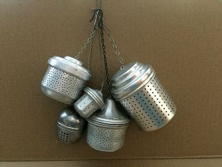 5 Vintage Rustic Aluminum Tea Infusers Strainer With Chain & Hook