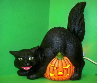 Vintage Halloween Ceramic Mold Lighted Black Cat & Pumpkin 11” Glass Eyes 1998