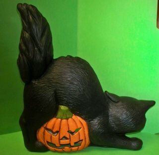 VINTAGE Halloween Ceramic Mold Lighted BLACK CAT & PUMPKIN 11” Glass Eyes 1998 5