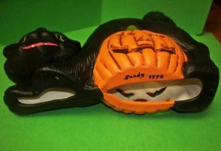 VINTAGE Halloween Ceramic Mold Lighted BLACK CAT & PUMPKIN 11” Glass Eyes 1998 8