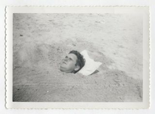 Vintage Photo Only A Head On The Beach Man Buried In Sand Abstract 1950 