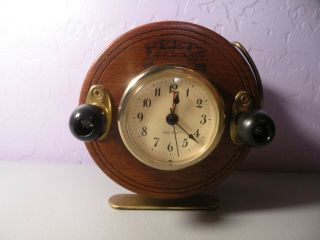 Vintage Peetz Fly Reel Time Sound Talking Fisherman Wooden Brass Alarm Clock