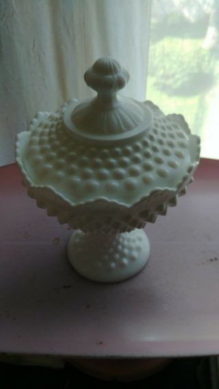 Vintage Fenton White Milk Glass Hobnail Footed Lidded Candy Dish